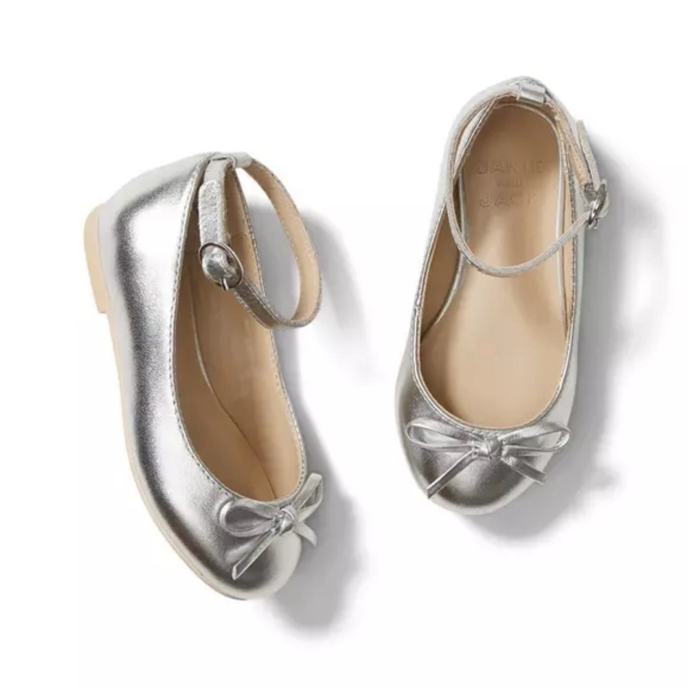 Janie & Jack Metallic Ankle Strap Bow Ballet Flat Size 7 & 6 Silver